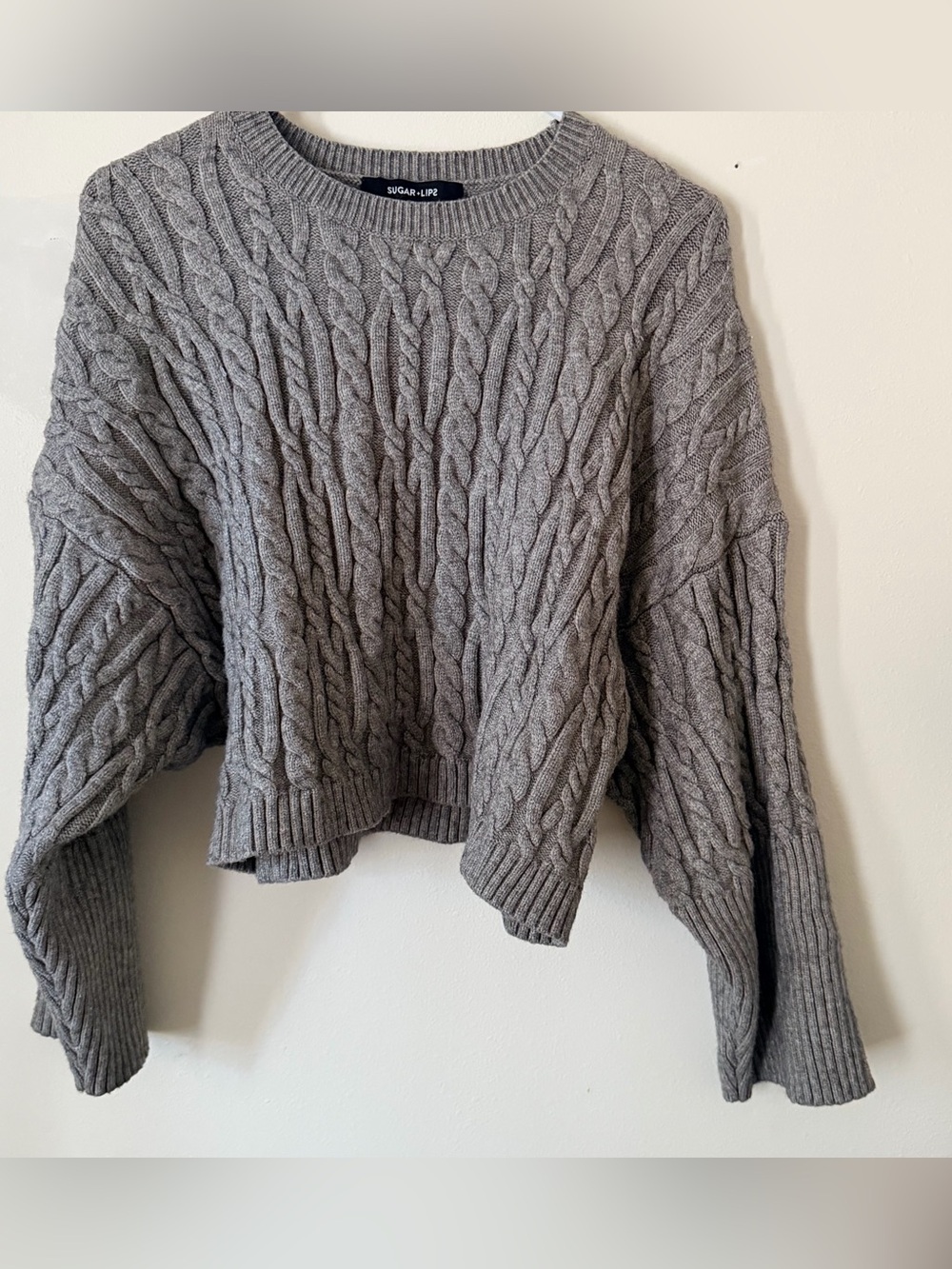 Sugarlips Heather Gray Cable Knit Crewneck Sweater